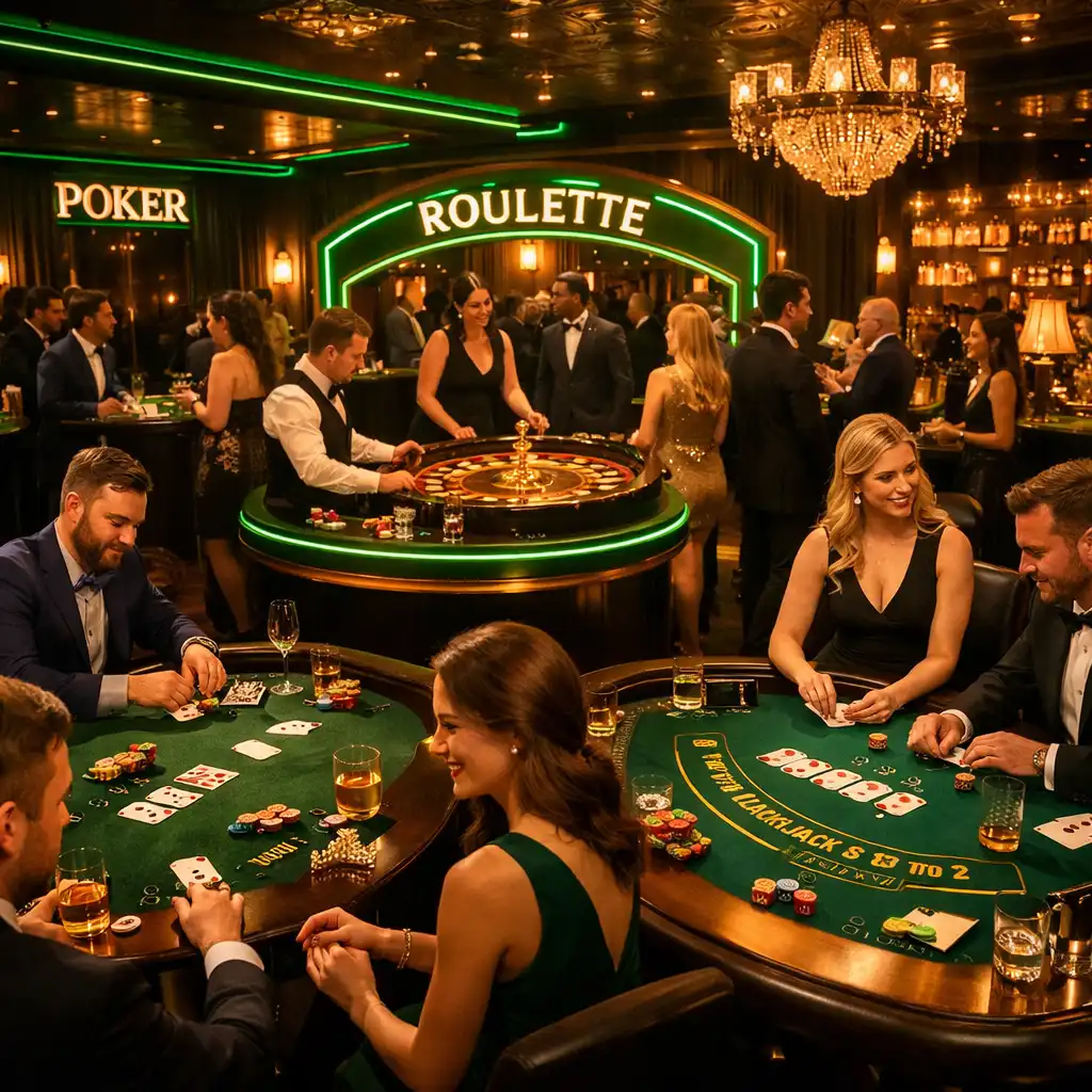 Elegancko oświetlone stoły do pokera, ruletki i blackjacka podczas ekskluzywnego eventu