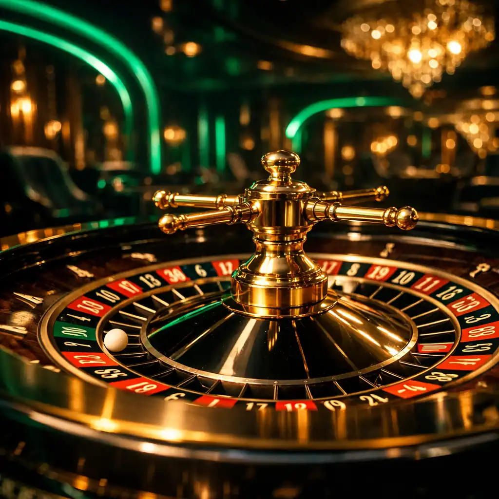 Dynamiczny kadr obracającej się ruletki w luksusowym, przyciemnionym kasynie