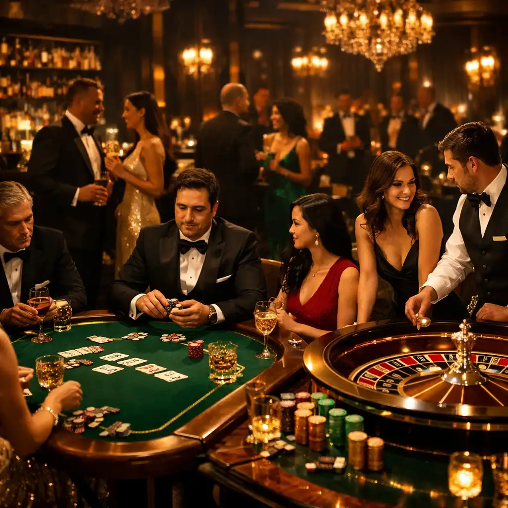 Luksusowy prywatny event kasynowy z eleganckimi stołami Poker, Ruletka i Blackjack