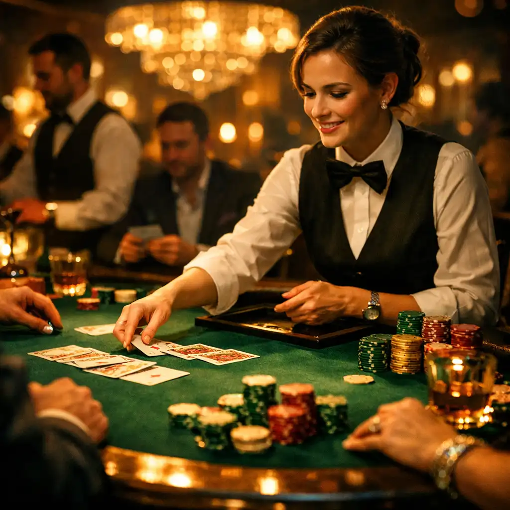 Goście prywatnego eventu VIP grający przy stołach kasynowych w eleganckim, nastrojowym oświetleniu